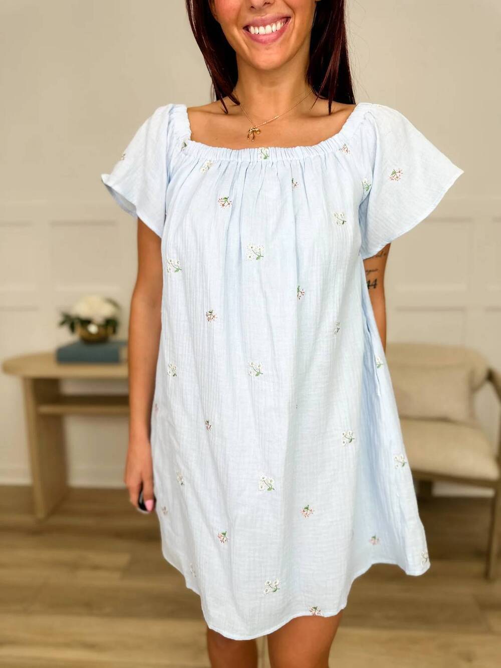 NEW IN FEBRUARY floral embroidered cotton mini dress in blue